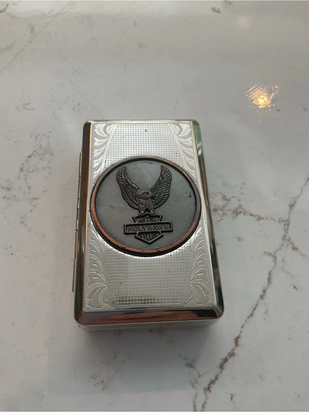 Holy Hawk Silver Metal tobacco Case W/ Eagle Emblem